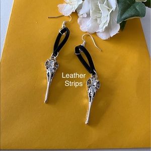 Raven Skull Earrings, Black Leather Strip Earrings, Celtic Raven Skull Earrings